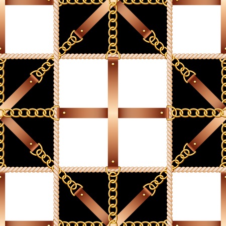 Seamless pattern with belts, chains and rope on black and white backgroundのイラスト素材