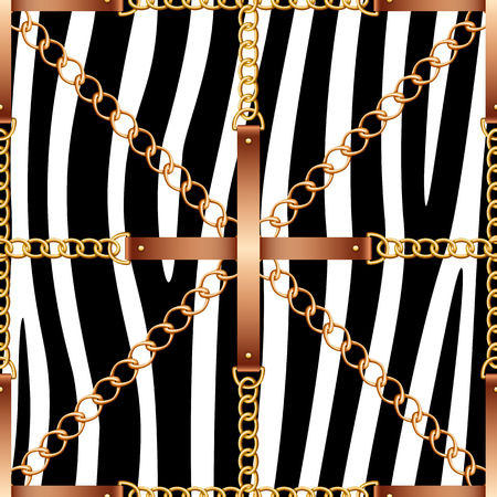 Seamless pattern with belts, chains and rope on zebra skin backgroundのイラスト素材