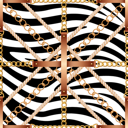 Seamless pattern with belts, chains and rope on zebra skin backgroundのイラスト素材