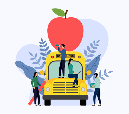 Big red apple on the school bus, education vector illustrationのイラスト素材