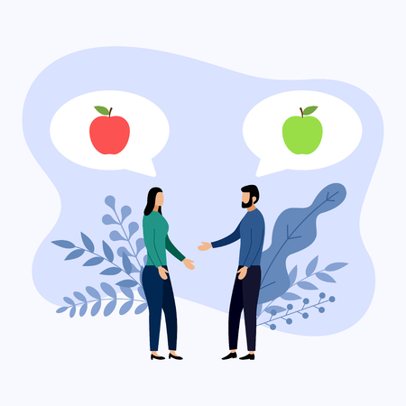 Two people talk about red apples and green apples, vector illustrationsのイラスト素材