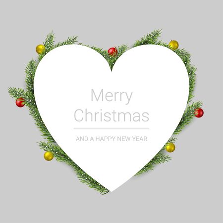 Merry christmas greeting card with pine branches and christmas balls on gray background, vector illustrationのイラスト素材