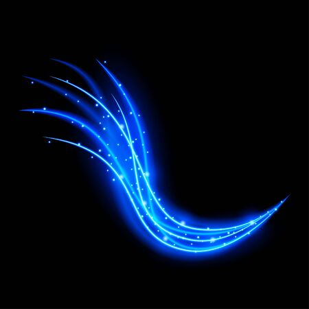 Light effect with curve trail and blue sparkles on black backgroundのイラスト素材
