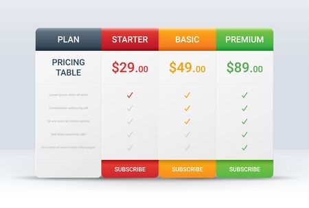 Price comparison table layout template for three products, vector illustrationのイラスト素材