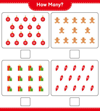 Counting game, how many christmas decoration educational children game, printable worksheet, vector illustrationのイラスト素材