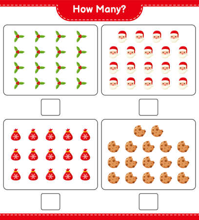 Counting game, how many christmas decoration educational children game, printable worksheet, vector illustrationのイラスト素材