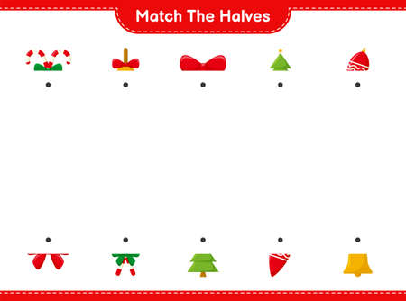 Match the halves. Match halves of Christmas Decoration. Educational children game, printable worksheet, vector illustrationのイラスト素材