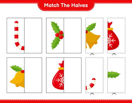 Match the halves. Match halves of Christmas Decoration. Educational children game, printable worksheet, vector illustrationのイラスト素材