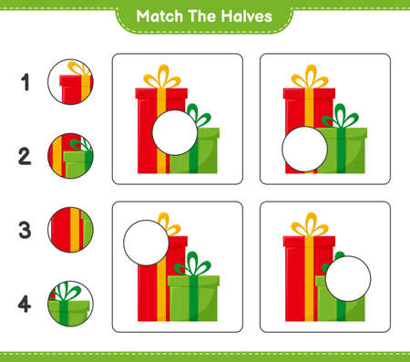 Match the halves. Match halves of Gift Boxes. Educational children game, printable worksheet, vector illustrationのイラスト素材