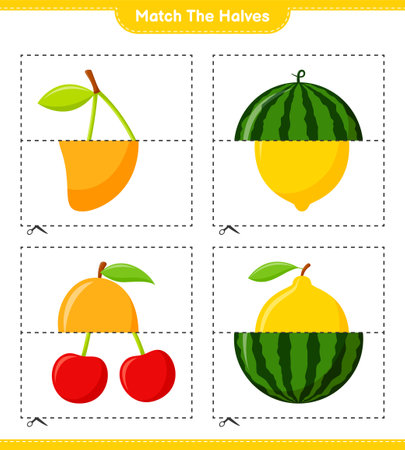 Match the halves. Match halves of Fruits. Educational children game, printable worksheet, vector illustrationのイラスト素材