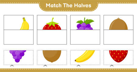Match the halves. Match halves of Fruits. Educational children game, printable worksheet, vector illustrationのイラスト素材