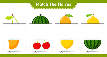 Match the halves. Match halves of Fruits. Educational children game, printable worksheet, vector illustrationのイラスト素材