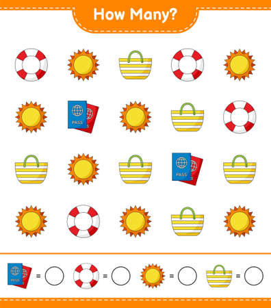 Counting game, how many Lifebuoy, Sun, Beach Bag, and Passport. Educational children game, printable worksheet, vector illustrationのイラスト素材