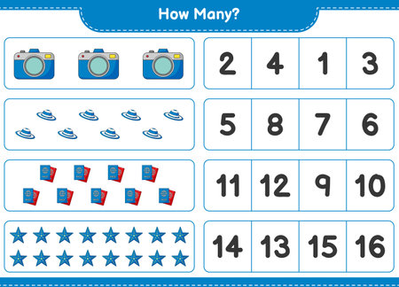 Counting game, how many Camera, Summer Hat, Starfish, and Passport. Educational children game, printable worksheet, vector illustrationのイラスト素材