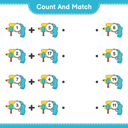 Count and match, count the number of Water Gun and match with the right numbers. Educational children game, printable worksheet, vector illustrationのイラスト素材