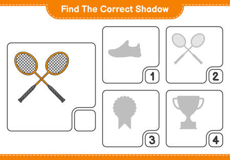 Find the correct shadow. Find and match the correct shadow of Badminton Rackets. Educational children game, printable worksheet, vector illustrationのイラスト素材