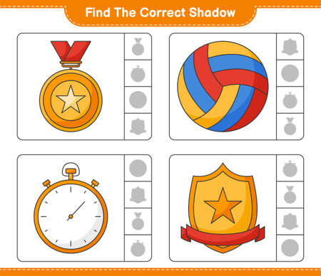 Find the correct shadow. Find and match the correct shadow of Stopwatch, Trophy, and Volleyball. Educational children game, printable worksheet, vector illustrationのイラスト素材