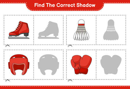 Find the correct shadow. Find and match the correct shadow of Boxing Gloves, Shuttlecock, Boxing Helmet, and Ice Skates. Educational children game, printable worksheet, vector illustrationのイラスト素材