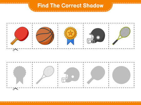 Find the correct shadow. Find and match the correct shadow of table tennis Racket, Basketball, Trophy, Football Helmet, and Tennis Racket. Educational children gameのイラスト素材