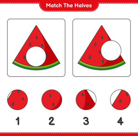Match the halves. Match halves of Watermelon. Educational children game, printable worksheet, vector illustrationのイラスト素材