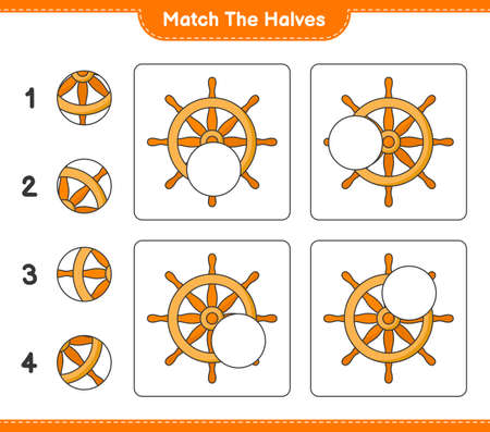 Match the halves. Match halves of Ship Steering Wheel. Educational children game, printable worksheet, vector illustrationのイラスト素材
