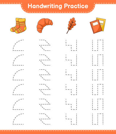 Handwriting practice. Tracing lines of Oak Leaf, Socks, Book, and Croissant. Educational children game, printable worksheet, vector illustrationのイラスト素材