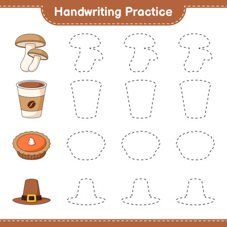 Handwriting practice. Tracing lines of Shiitake, Hat, Pie, and Coffee Cup. Educational children game, printable worksheet, vector illustrationのイラスト素材