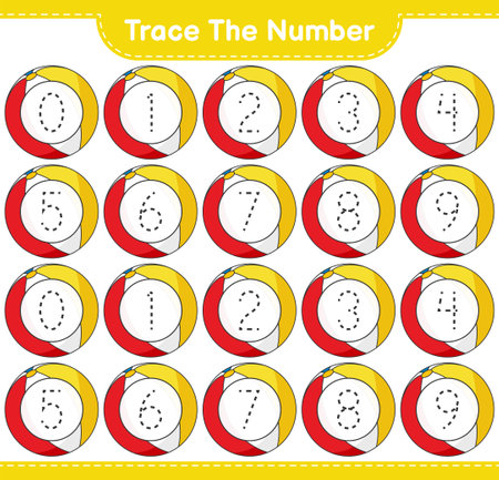 Trace the number. Tracing number with Beach Ball. Educational children game, printable worksheet, vector illustrationのイラスト素材