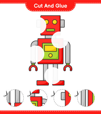 Cut and glue, cut parts of Robot Character and glue them. Educational children game, printable worksheet, vector illustrationのイラスト素材