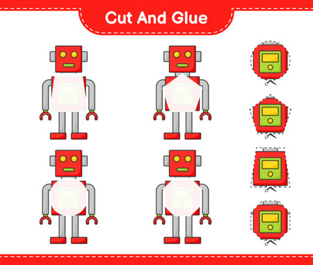 Cut and glue, cut parts of Robot Character and glue them. Educational children game, printable worksheet, vector illustrationのイラスト素材