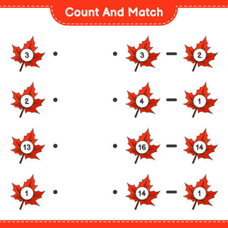 Count and match, count the number of Maple Leaf and match with the right numbers. Educational children game, printable worksheet, vector illustrationのイラスト素材