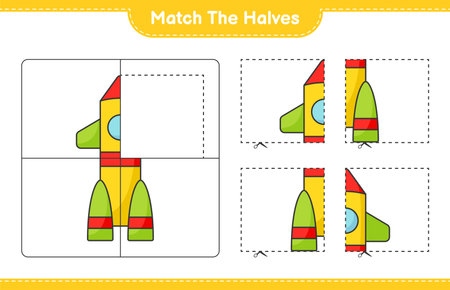 Match the halves. Match halves of Rocket. Educational children game, printable worksheet, vector illustrationのイラスト素材