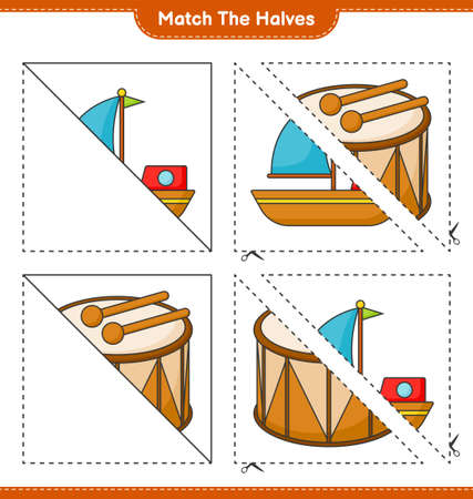 Match the halves. Match halves of Boat and Drum. Educational children game, printable worksheet vector illustration.のイラスト素材