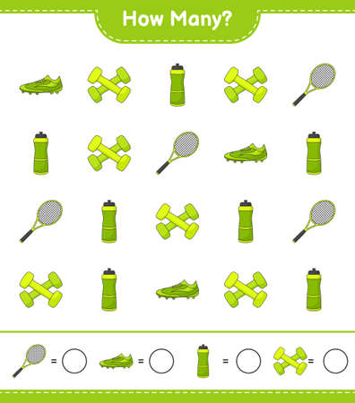 Counting game, how many Water Bottle, Tennis Racket, Soccer Shoes and Dumbbell. Educational children game, printable worksheet, vector illustrationのイラスト素材