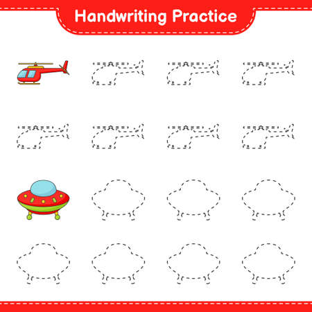 Handwriting practice. Tracing lines of Helicopter and Ufo. Educational children game, printable worksheet, vector illustrationのイラスト素材