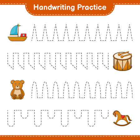 Handwriting practice. Tracing lines of Boat, Drum, Teddy Bear, and Rocking Horse. Educational children gameのイラスト素材