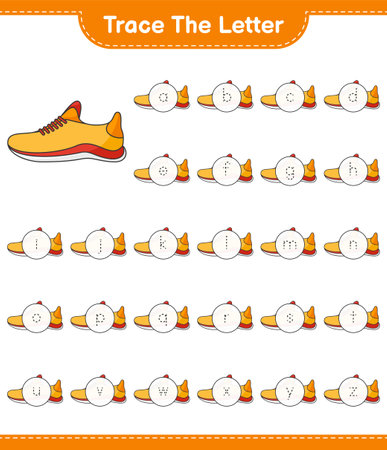 Trace the letter. Tracing letter alphabet with Running Shoes. Educational children game, printable worksheet, vector illustrationのイラスト素材