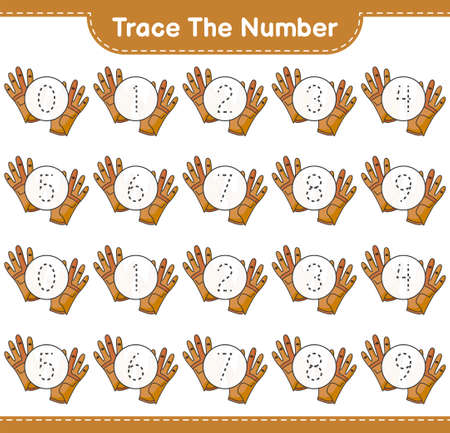 Trace the number. Tracing number with Golf Gloves. Educational children game, printable worksheet, vector illustrationのイラスト素材