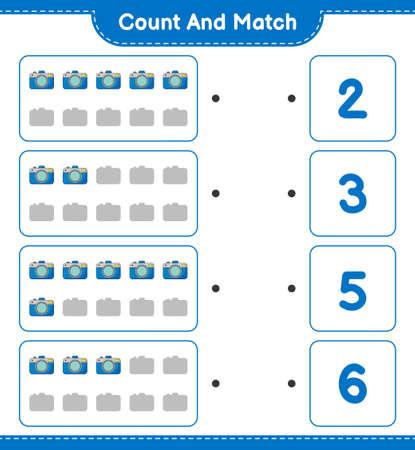 Count and match, count the number of Camera and match with the right numbers. Educational children game, printable worksheet, vector illustrationのイラスト素材
