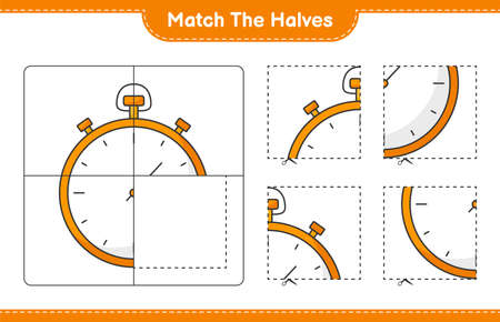 Match the halves. Match halves of Stopwatch. Educational children game, printable worksheet, vector illustrationのイラスト素材