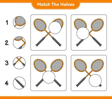 Match the halves. Match halves of Badminton Rackets. Educational children game, printable worksheet, vector illustrationのイラスト素材