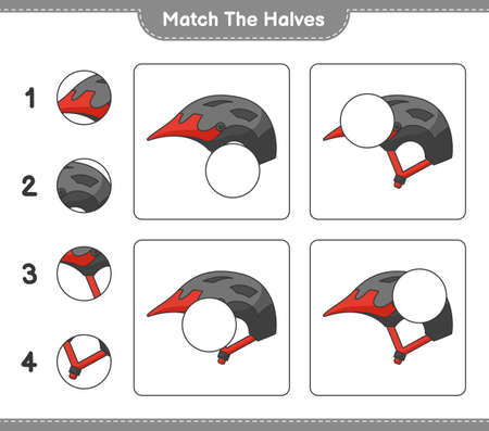 Match the halves. Match halves of Bicycle Helmet. Educational children game, printable worksheet, vector illustrationのイラスト素材