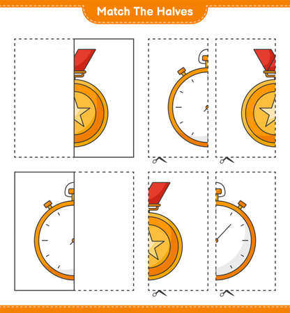Match the halves. Match halves of Trophy and Stopwatch. Educational children game, printable worksheet, vector illustrationのイラスト素材