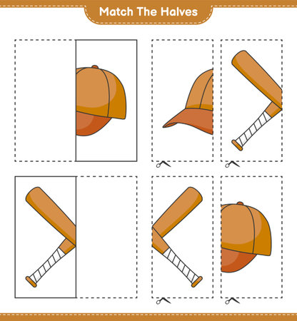 Match the halves. Match halves of Cap Hat and Baseball Bat. Educational children game, printable worksheet, vector illustrationのイラスト素材