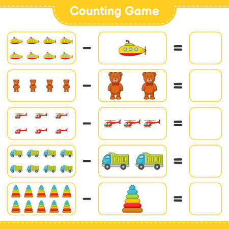Count and match, count the number of Helicopter, Lorry, Pyramid Toy, Submarine, Teddy Bear and match with the right numbers. Educational children game, printable worksheet, vector illustrationのイラスト素材