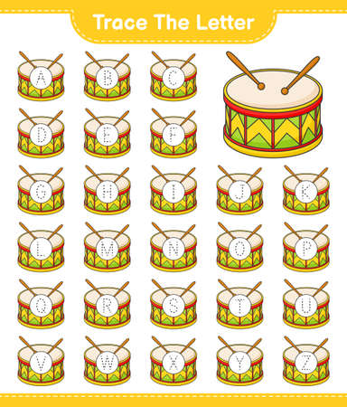 Trace the letter. Tracing letter alphabet with Drum. Educational children game, printable worksheet, vector illustrationのイラスト素材