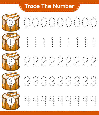 Trace the number. Tracing number with Drum. Educational children game, printable worksheet, vector illustrationのイラスト素材