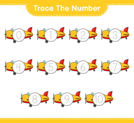 Trace the number. Tracing number with Plane. Educational children game, printable worksheet, vector illustrationのイラスト素材