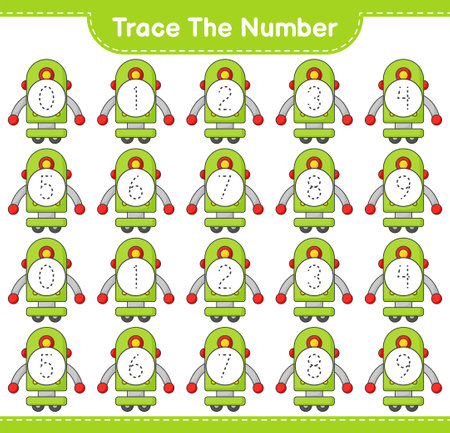 Trace the number. Tracing number with Robot Character. Educational children game, printable worksheet, vector illustrationのイラスト素材