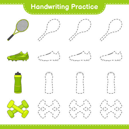 Handwriting practice. Tracing lines of Water Bottle, Tennis Racket, Soccer Shoes and Dumbbell. Educational children game, printable worksheet, vector illustrationのイラスト素材